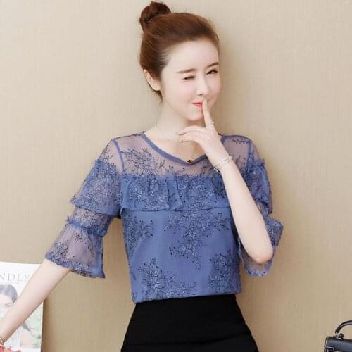Womens Spring Summer Style Chiffon Blouse Shirt Womens Embroidery Short Sleeve Ruffles O-neck Elegant Lace Tops DD8384