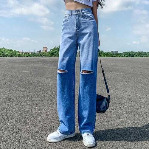 Chic Loose Gradient Color Wide Leg Jeans Womens Summer 2021 Hole Straight High Waist Denim Pants Plus Size Streetwear Trouser