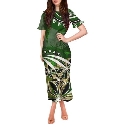 HYCOOL Hawaii Flower Polynesian Tribal Green Bodycon Long Dress Women Club Streetwear Dresses Ladies Short Sleeve Summer 2021