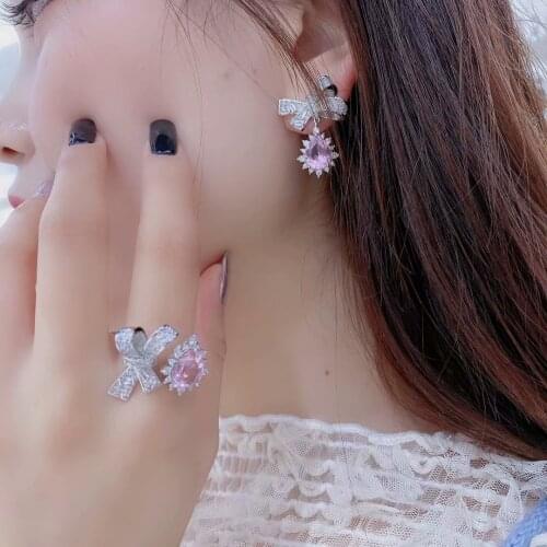 Shiny Side New Fashion Brand Jewelry Luxury Pink Crystal Waterdrop Stud Earrings for Women Gift Cute Knot Earrings