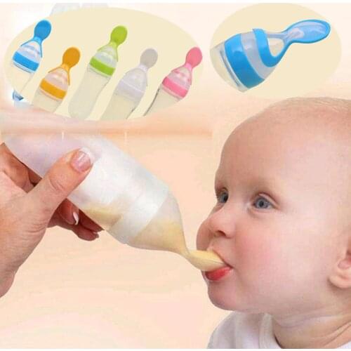 90ML Lovely Safety Infant Baby Silicone Feeding With Spoon Feeder Food Rice Cereal Bottle For Best Gift