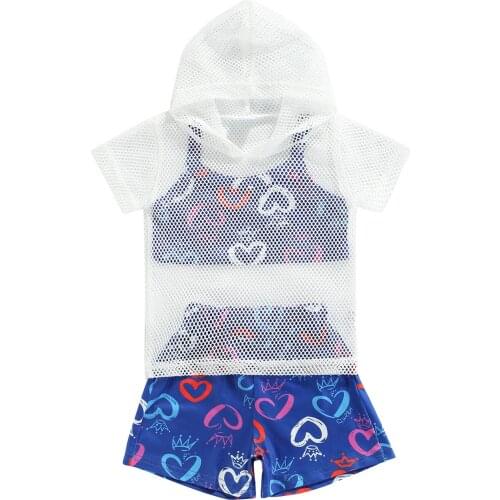 1-6Y Toddler Kids Baby Girl Heart Print Camis Tops Shorts Pant Net Hooded Cover Up 3pcs Fashion Children Girls Clothing Set