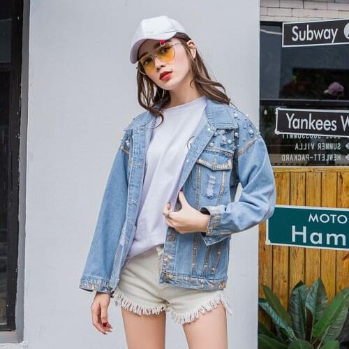 Women Coats sequins beaded Jeans Jacket Women Casacos Feminino Ripped Holes Denim Jacket Women Elegant Vintage Bomber Jacket