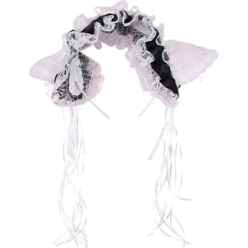 Women Girls Ruffles Lace Faux Silk Headband Cute Plush Cat Ears Ribbon Tassels Bell Decor Hair Hoop Lolita Anime Cosplay