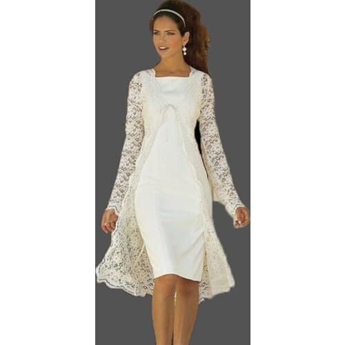 Elegant Two Pieces Mother Of The Bride Dresses with Long Sleeve Lace Jacket Mothers Dresses For Wedding Party Knee Length