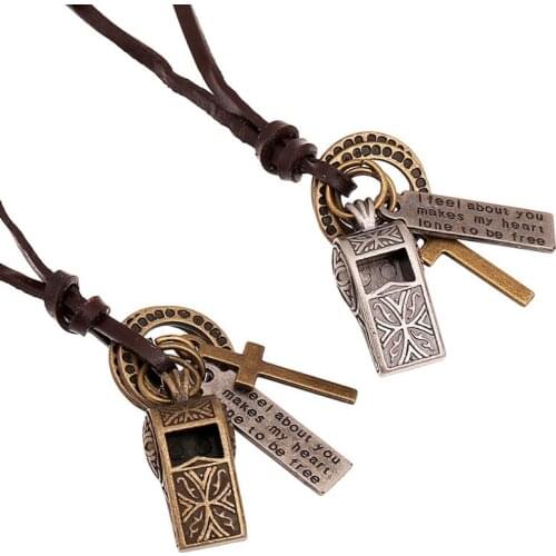 Vintage Retro Whistle Pendants Necklace Genuine Leather Adjustable Rope Chain Statement Choker for Men Women Punk Jewlery Gift