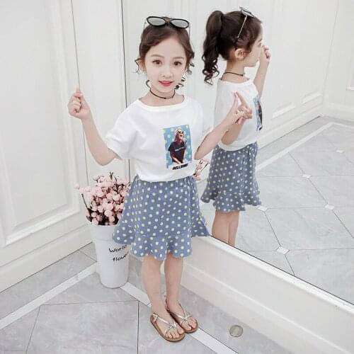 Fashion Kids Clothes for Girls 2020 New Summer Toddler Teens Children Clothing Set White T-shirt Dot Skirt 2pcs Kids Costume