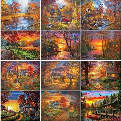 MomoArt Diamond Painting Autumn Scenery Sale Diamond Mosaic House New Arrival Embroidery Lake Cross Stitch Kits Handmade Hobby