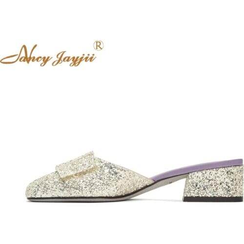 Nancyjayjii New Stylish Gold Sequined Cloth Bling Med Chunky Heels Open Toe Women Fashion Summer Slippers Party Casual Shoes 39