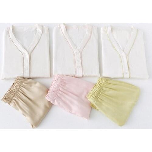 Spring and Summer Pure color V collar design satin Temperament loose simple Long sleeve suit Pajamas Home wear