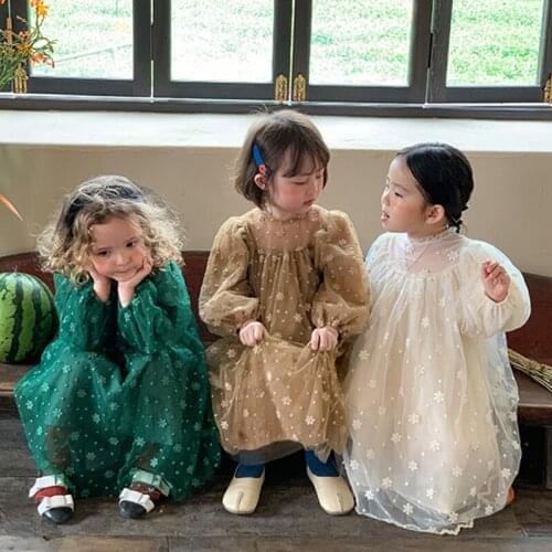 Autumn Little Princess Fashion Snowflake Embroidery Mesh Dress Girls 3 Colors Party Dresses