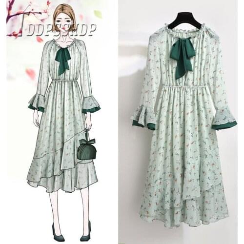 2019 Refreshing Floral Chiffon Women Dress Fairy Bowknot Spring Summer Female Dresses