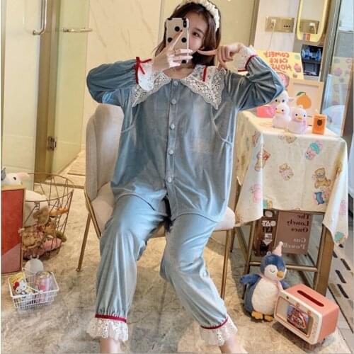 Spring and autumn new maternity clothes rich gold velvet lace collar nursing pajamas postpartum confinement