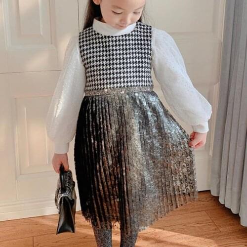 Baby girl Luxury Houndstooth Silver vest dress kids sleeveless Hot Rhinestone sequined tassel birthday party dress