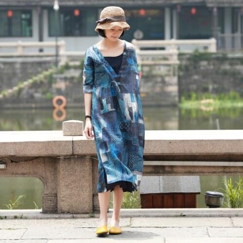 Y777 Autumn Ramie Printing Do Used Cowboy Patch Blue V Lead Dress Easy Literature Robe Suit-dress H190417