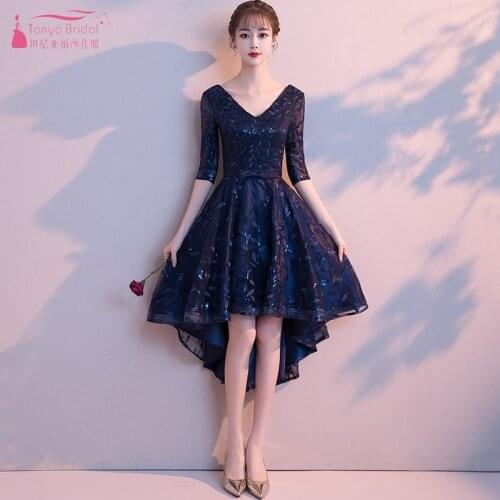 Half Sleeve Lace Bridesmaid Dresses Navy Blue Short Front Long Back High Low Elegant Wedding Guest Dress Party Gown JQ143