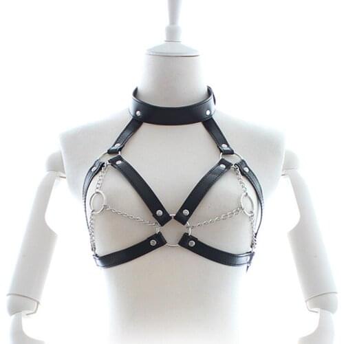 Sexy chain Leather Porno bondage harness lingerie women open cup bra bondage bralette fetish lingerie Adult Sex exotic apparel