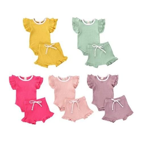 2020 5 Colors 0-18M Infant Baby Girl Knited Clothes 2pcs Summer Ruffle Short Sleeve Romper Tops+High Waist Shorts Outfits Set