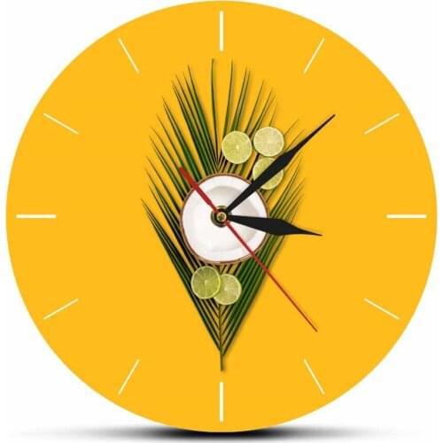 Tropical Coconut Palm and Lime on a Yellow Background Fashion Printed Acrylic Wall Clock Modern Minimalist Quartz Mute Watch
