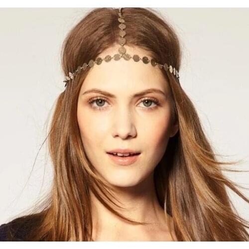 Turkish Beach Gold Color Alloy Three Strands Coin Head Piece Crown Headband Forehead Hair Accessories Sequins Head Chain Jewelry