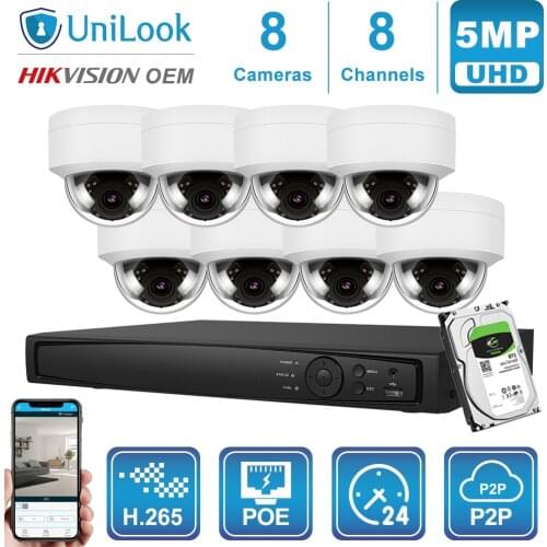 UniLook 8CH NVR 4/6/8Pcs White 5MP Dome POE IP Camera NVR kIt CCTV Security System Night Vision Outdoor NVR Kit Onvif H.265 P2P