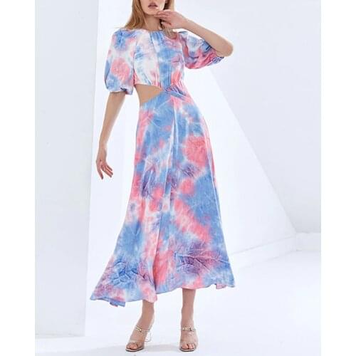 Foreign trade 2021 spring new product Bohemian style seaside holiday open waist tie dye printing swing Short Sleeve Dress