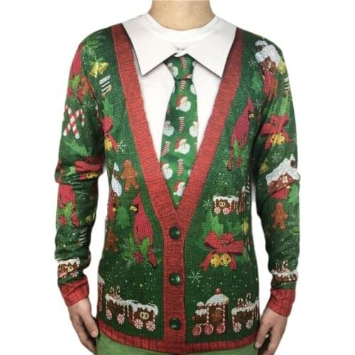 Funny 3D Fake Cardigan Print Christmas T Shirt for Men Hilarious Mens Tuxedo Graphic Polyester Long Sleeve Ugly Xmas T Shirt