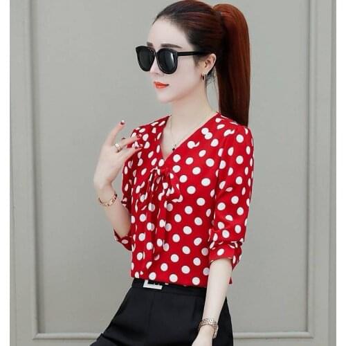 Autumn Ladies V-neck Polka Dot Casual Loose Printed Bottoming Shirt Womens Butterfly Festival Long Sleeve Chiffon Shirt Blouse