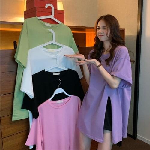 Spring and Summer 2021 New Korean Style Loose and Lazy Style Split Mid-Length Short Sleeve T-shirt Top Women