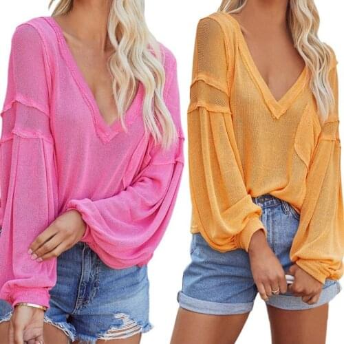 EFINNY 2021 Korean Style Knited Shirt Women V-neck Loose Pockets Sweater Lanterns Sleeve Jacket V-Neck T-shirt Black/White/Blue