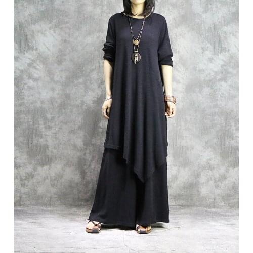 Women Solid Elegant Loose Knitted Long Tops+Elastic Waist Wide Leg Pants Female Irreguar Shirt+Wide Leg Trousers Sets Suits