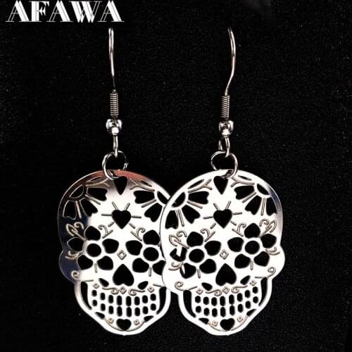 Fashion Hollow Stainless Steel Statement Earrings for Women Skull Silver Color Drop Earrings Jewellery pendientes E1527S01