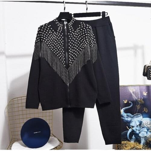 Autumn Winter New Womens Sweater Set Fashion Diamond Tassel Long sleeve Knitted Cardigan Coat Casual Pants Two Piece Set Women