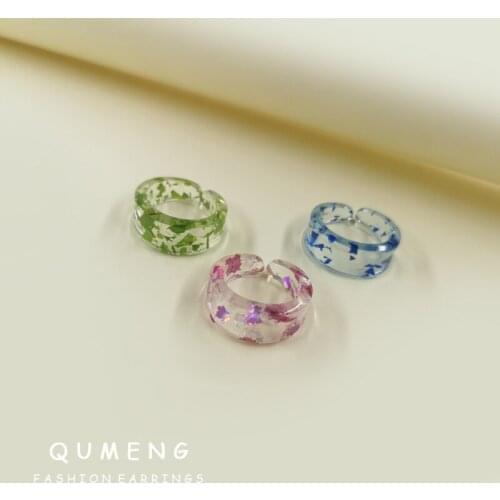 QUMENG Korean Fashion Simple Candy Color Sequins Transparent Opening Acrylic Ring For Women Girls New Design Best Jewelry Gifts