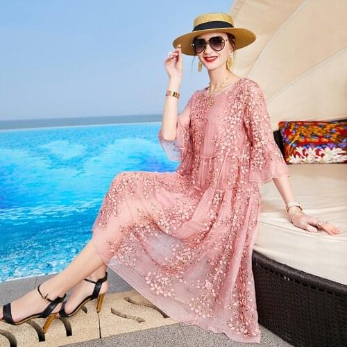 ZUOMAN New Spring Plus Size 4xl Dress Summer Female Silk Dress Female Embroidery Long Vestidos Robes Plus