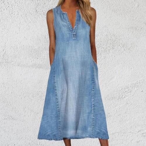 Women Dresses Sleeveless V Neck Denim Loose Dress Shrink-resistant Pockets A-Line Large Hem Midi Dress Casual Streetwear