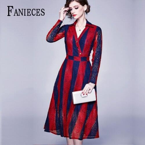 Summer Autumn Lace Dress Runway Fashion Long Sleeve red blue Striped vestidos Office Lady Turn-Down Collar Midi Elegant Dresses