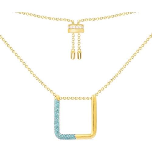 SLJELY Fashion 100% Real 925 Sterling Silver Lagoon Blue Zircon Square Geometric Pendant Necklace Adjustable Chain Women Jewelry
