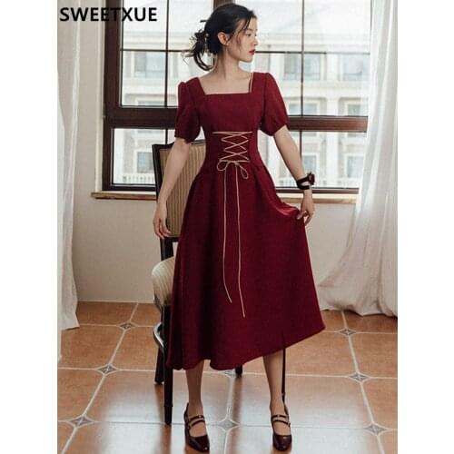 SWEETXUE Summer French Retro Square Collar Red Cross Lace-up Temperament Long Dress Womens Romantic Elegant Party Dress Lady