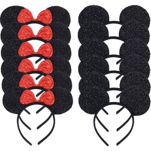 12pcs Minnie Ears Sequin Headbands Kids Birthday Party Favors Girls Boys Mickey Hair Accessories (6Black Sequin 6 Sequin Red)