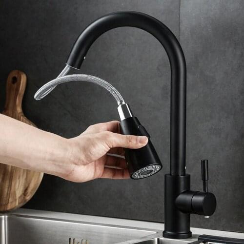 304 Stainless Steel Black Mixer Kitchen Pull Hot and Cold Faucet Crane Sink Water Tap Single Handle 360 Degree Swivel Faucet