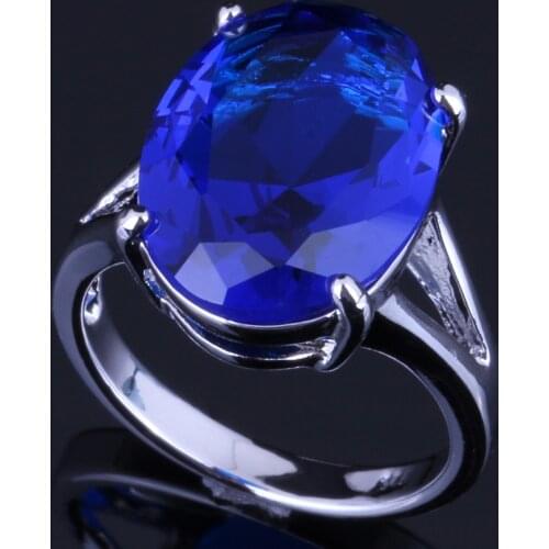 Gleaming Pigeon Egg Dark Blue Cubic Zirconia Silver Plated Ring V0074