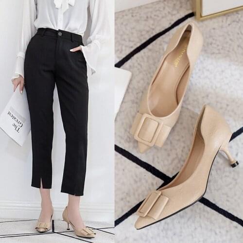 Elegant ladies leahter bow high heels pointed toe thin heels OL buckle pumps designer ruffles dress shoes sapato feminino