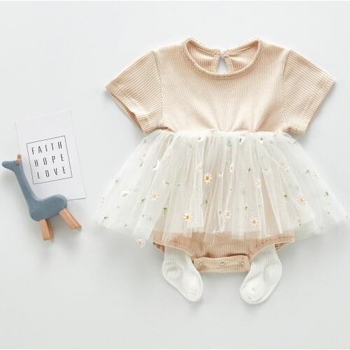 0-3Yeas Cotton Romper Newborn Baby Girls Cotton Short Sleeve Striped Mesh Skirts Toddler Button Closure Jumpsuit Outfit