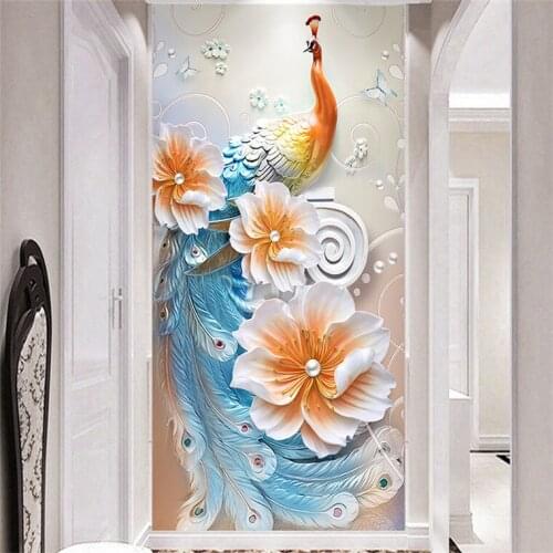 Customize Any Size Mural 3D Wallpaper Embossed Modern Minimalistic Peacock Entrance Corridor Wall Mural Photo Papel De Parede