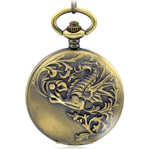 Brown Skeleton Mechanical Hand Wind Pocket & Fob Watch Clamshell Magnifier Mens Pocket Watch Pendant Dragon Totem Father Gift