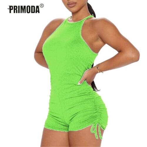 Summer Neon Green Orange Sexy Boodycon Playsuits Halter Summer Women Sleeveless Casual Rompers 2021 Drawstring Overall PR2494G