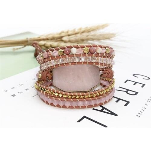 Hot Sale 1Pcs Pink Chain Bracelet Stone Mixed With Hand String Powder Crystal Stone Multi-layer Winding Bracelet Drop Shipping
