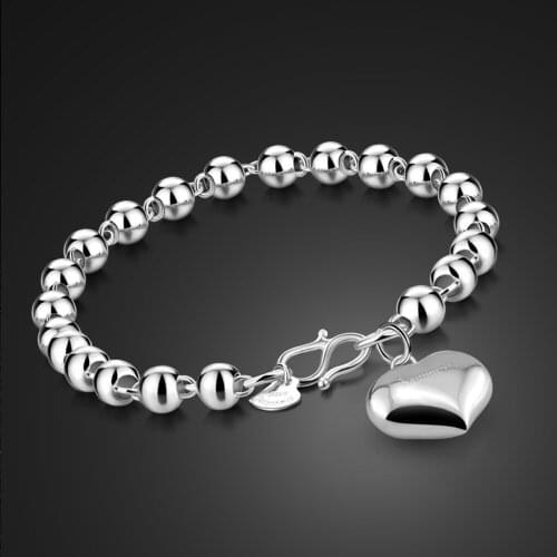 Hot Sale Woman Heart Bracelet Fashion simple100% 925 Sterling Silver Beaded Hand catenary Fine Jewellery Girl Birthday Gift