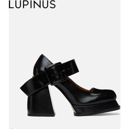 LUPINUS Luxury Brand Platform Woman Mary Jane Shoes Patent Leather High Heels Women Pumps Black Buckle Chunky Heel Shoes Woman